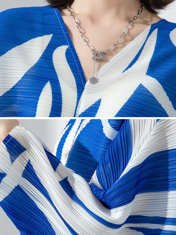 Original Batwing Sleeves Long Sleeves Contrast Color Printed Pleated V-neck Midi Dresses