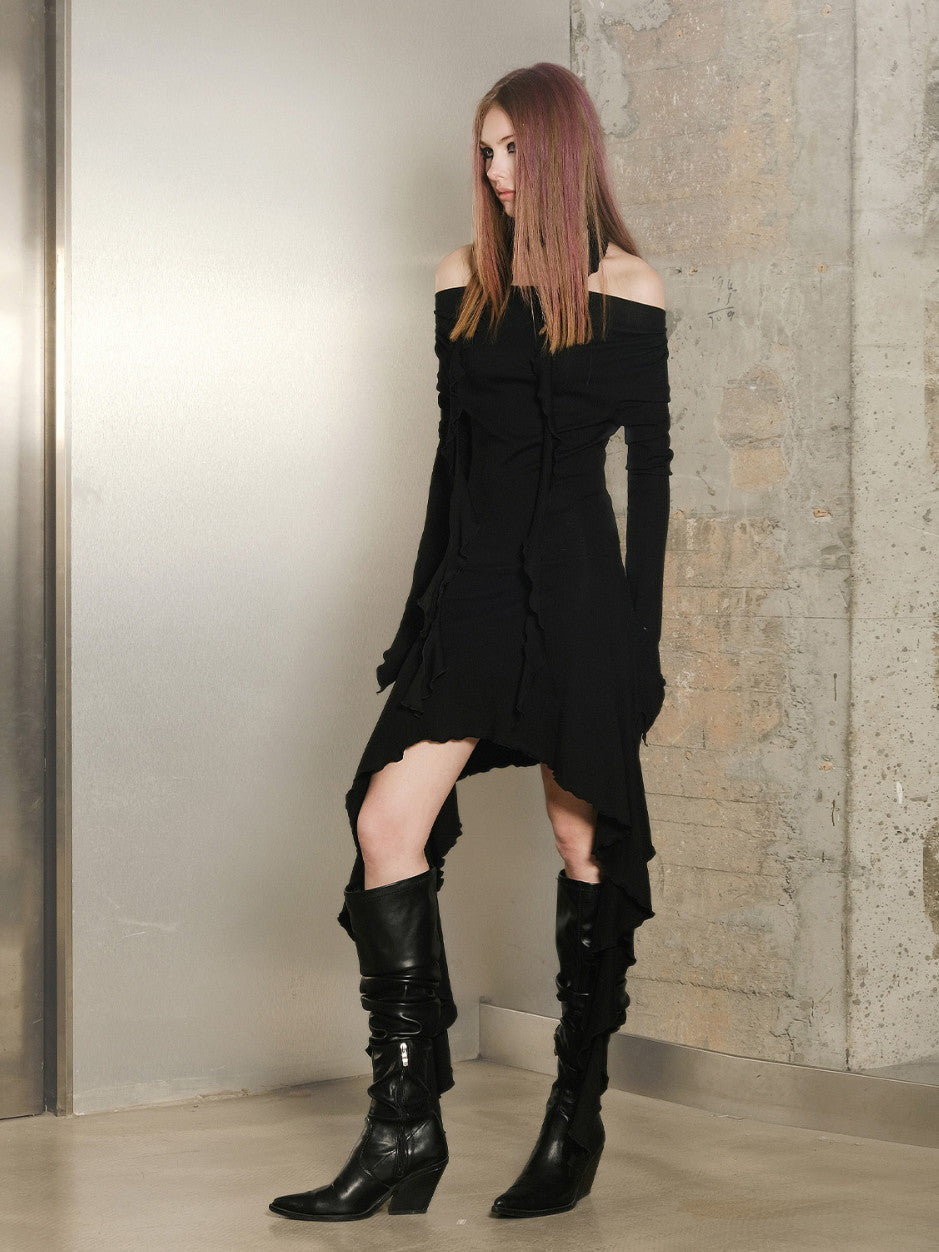 North Node Asymmetric Knit Sweater Dress - Heather and Noir