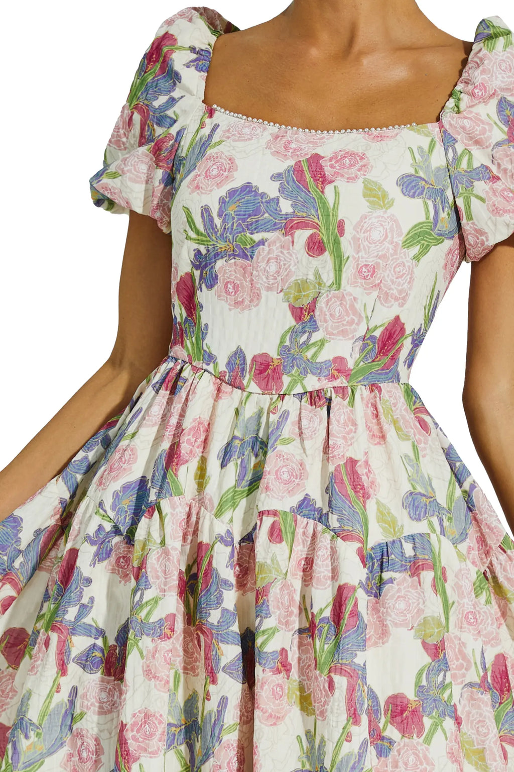 Dinah Pink Flower Puff Sleeves Midi Dress