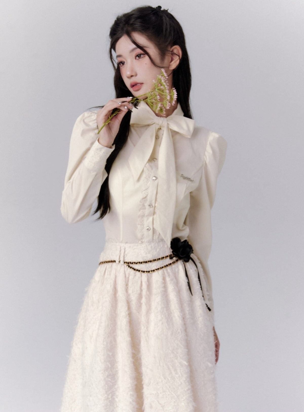 -inspired Cream Puff Sleeve Blouse and Midi Skirt Set