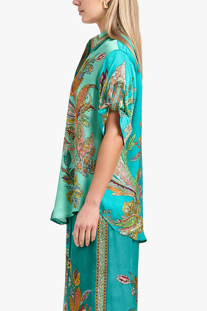 Roll Up Short Sleeves Shirt and Wide Leg Pants Printed Satin Set