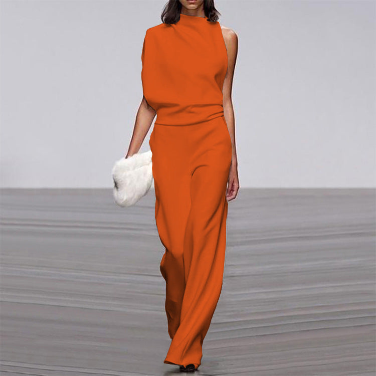 Pants Color One Shoulder Pile Collar Jumpsuit Popular Dress Trousers