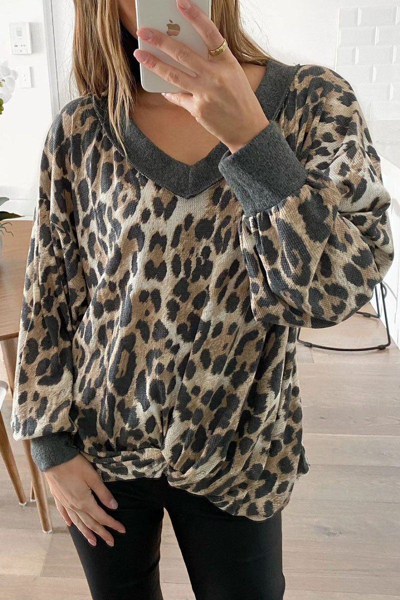Street Leopard Patchwork V Neck Hoodies(4 Colors)