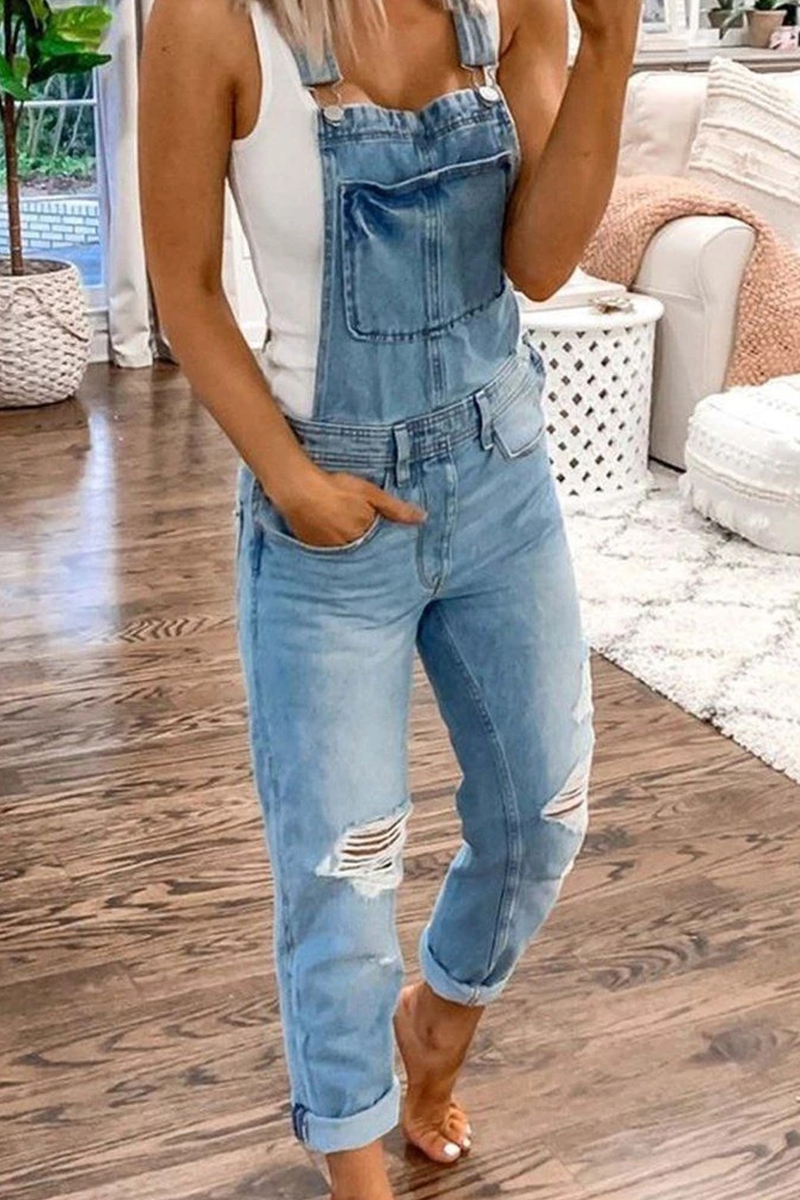 Street Print Ripped Patchwork Buttons Off the Shoulder Regular Jumpsuits(4 Colors)
