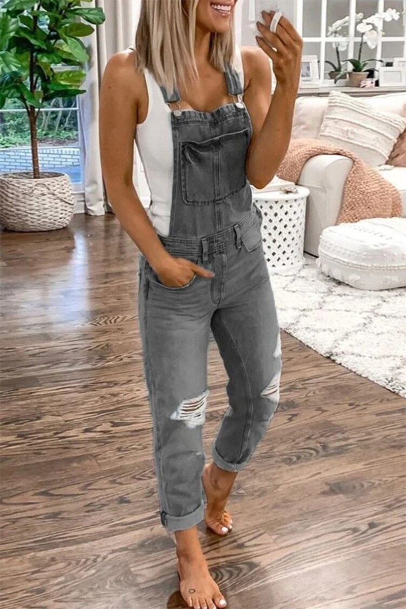 Street Print Ripped Patchwork Buttons Off the Shoulder Regular Jumpsuits(4 Colors)