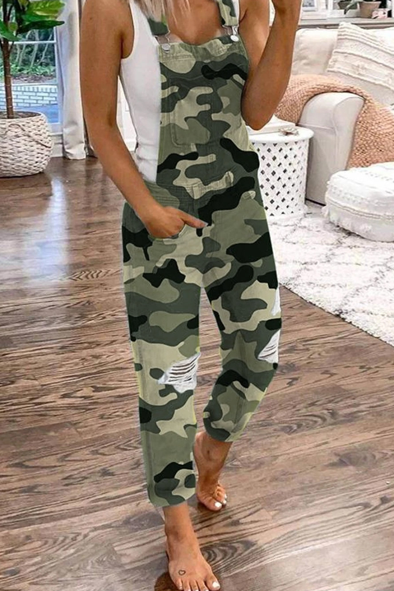 Street Print Ripped Patchwork Buttons Off the Shoulder Regular Jumpsuits(4 Colors)