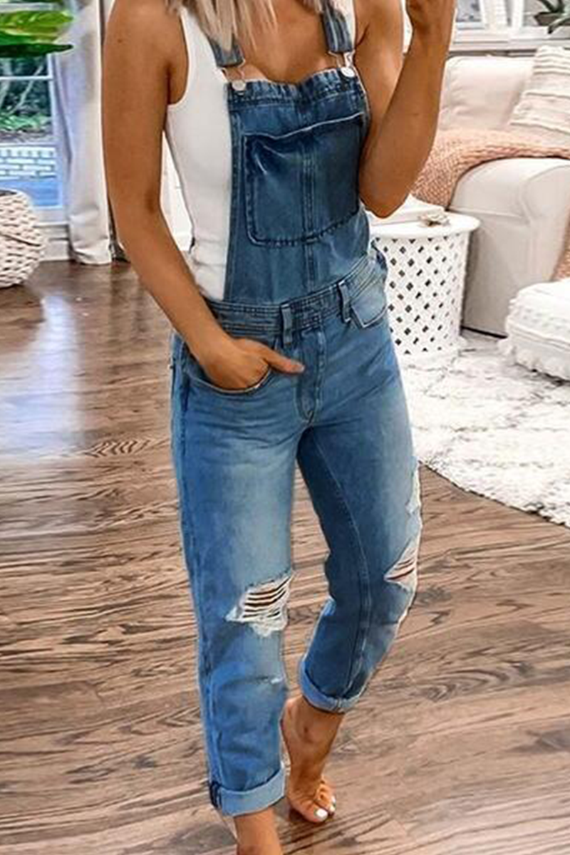 Street Print Ripped Patchwork Buttons Off the Shoulder Regular Jumpsuits(4 Colors)