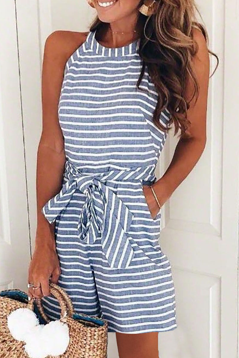 Jumpsuit Striped Strapless Round Neck Zipper Pants Summer