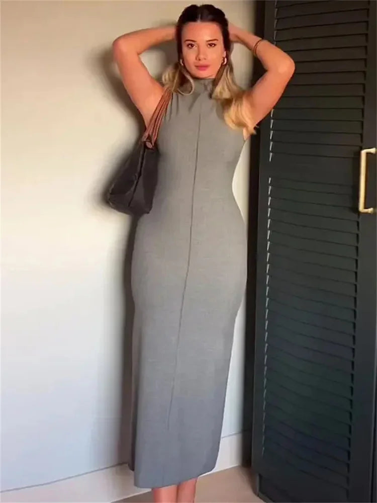 Sleeveless Split Patchwork Long Dress Female Straight Slim High Waist Zipper Maxi Dress Autumn Turtleneck Dress