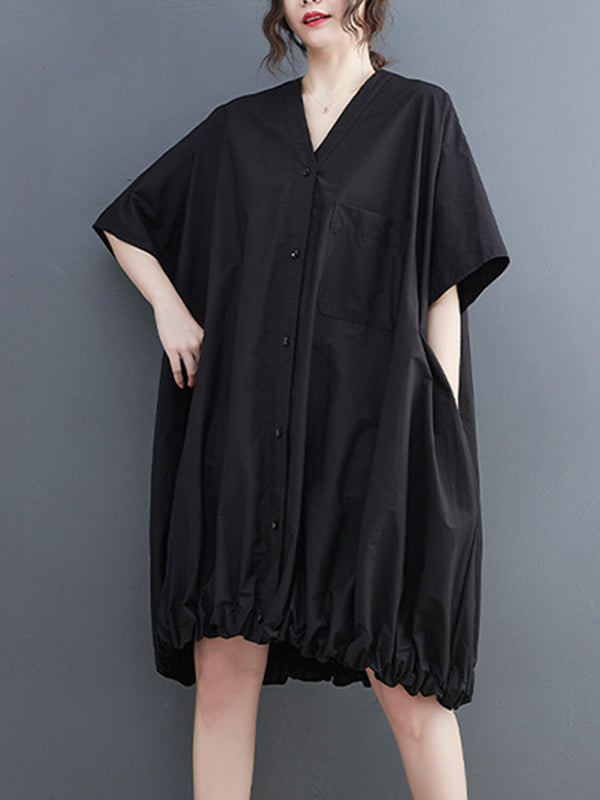Loose Short Sleeves Color V-neck Midi Dresses