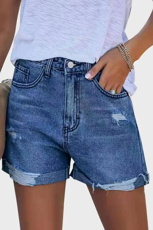 Street Ripped Make Old Mid Waist Straight Denim Shorts(3 Colors)