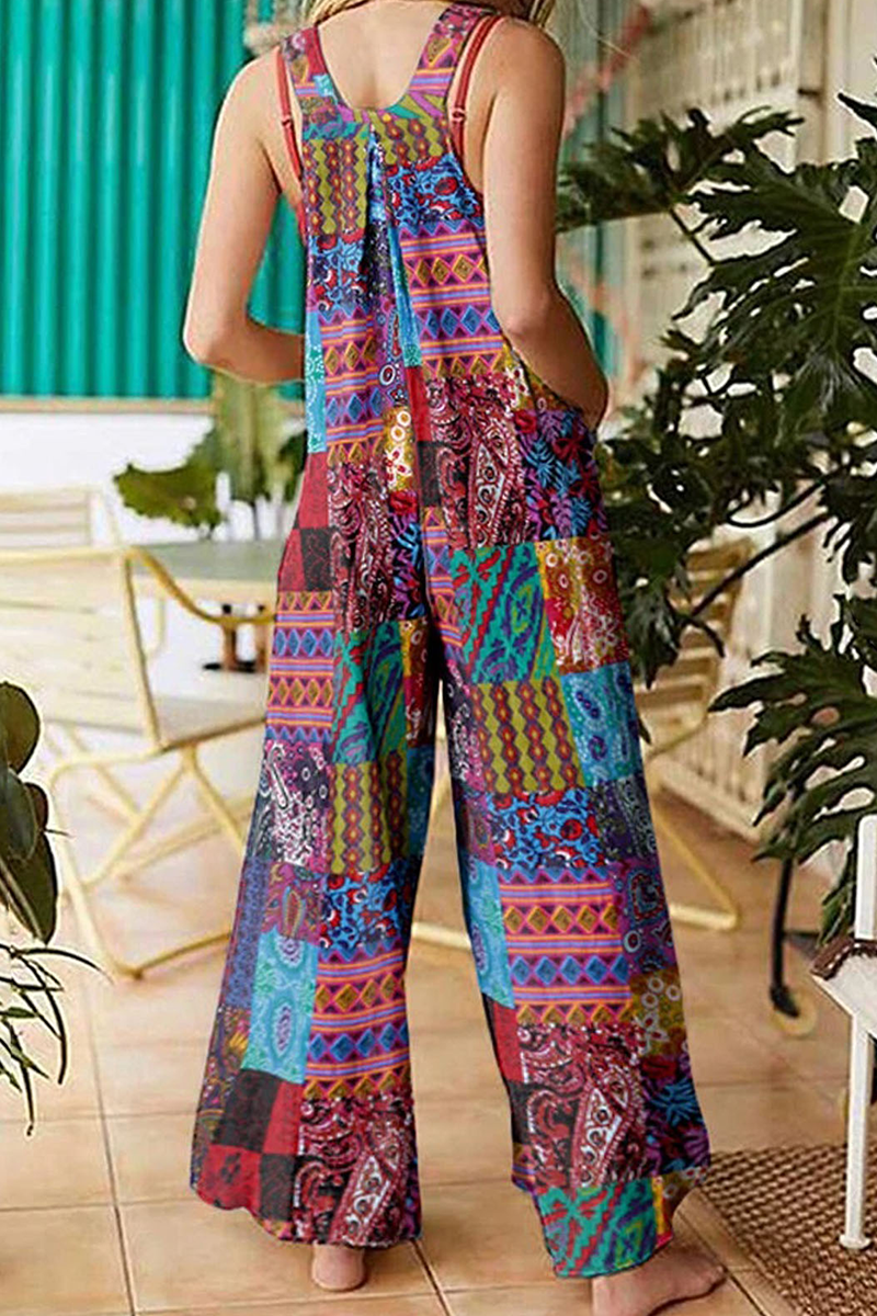 Print Split Joint Pocket Boat Neck Jumpsuits