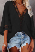 Hollowed Out Patchwork V Neck Tops Blouses(3 Colors)