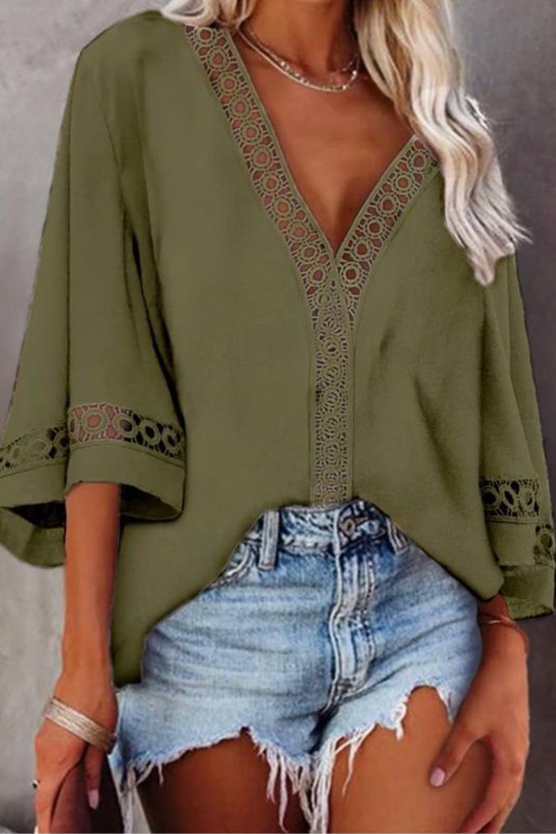 Hollowed Out Patchwork V Neck Tops Blouses(3 Colors)