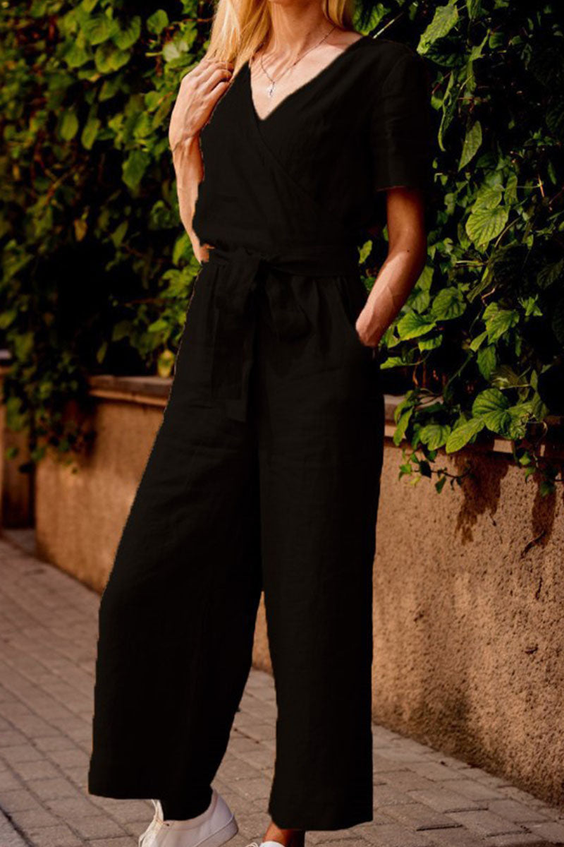 Patchwork V Neck Loose Jumpsuits