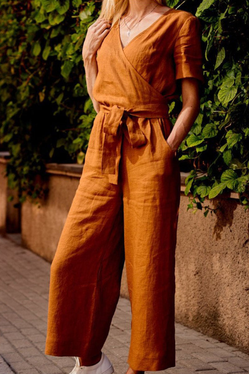Patchwork V Neck Loose Jumpsuits