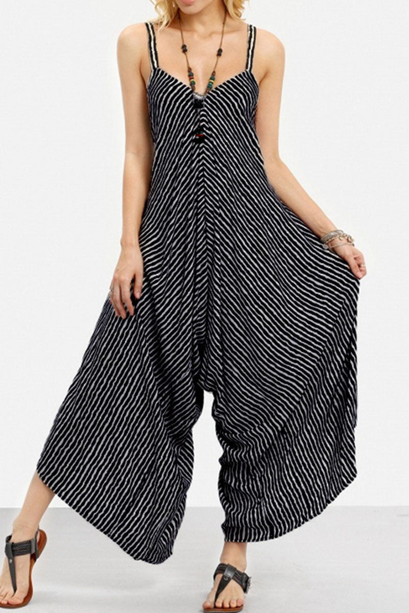 Striped Patchwork Spaghetti Strap Loose Jumpsuits