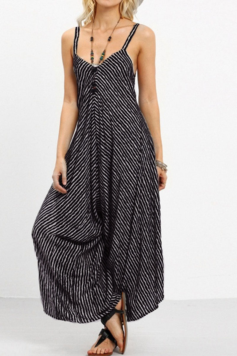 Striped Patchwork Spaghetti Strap Loose Jumpsuits