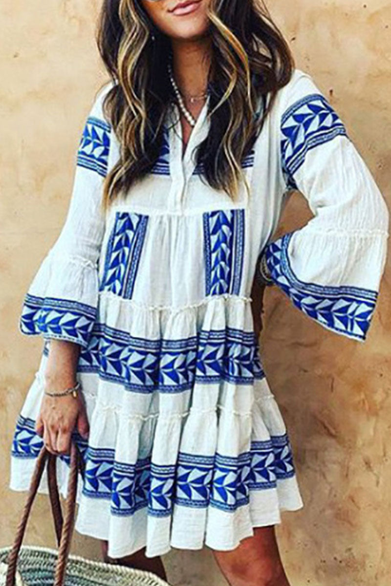 Print V Neck Cake Skirt Midi Dresses