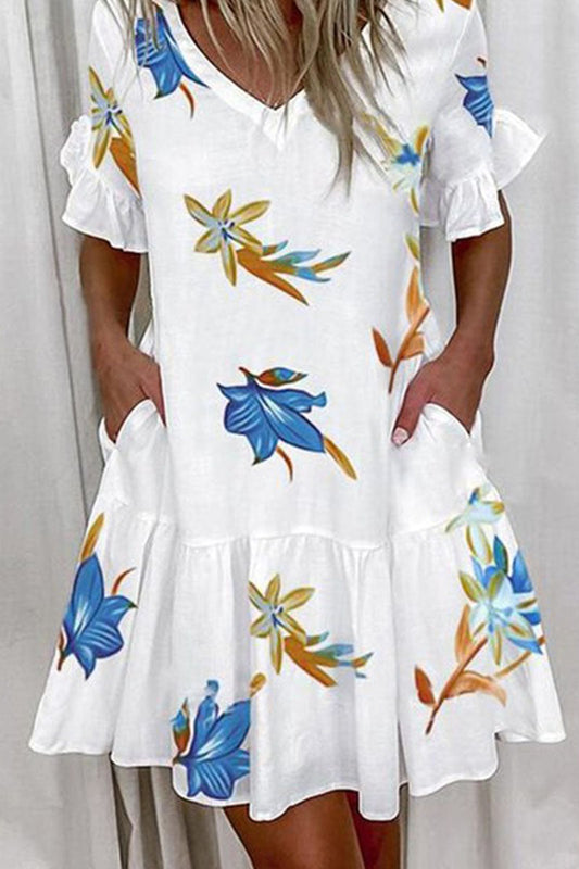 Print V Neck a Line Mini Dresses(7 Colors)