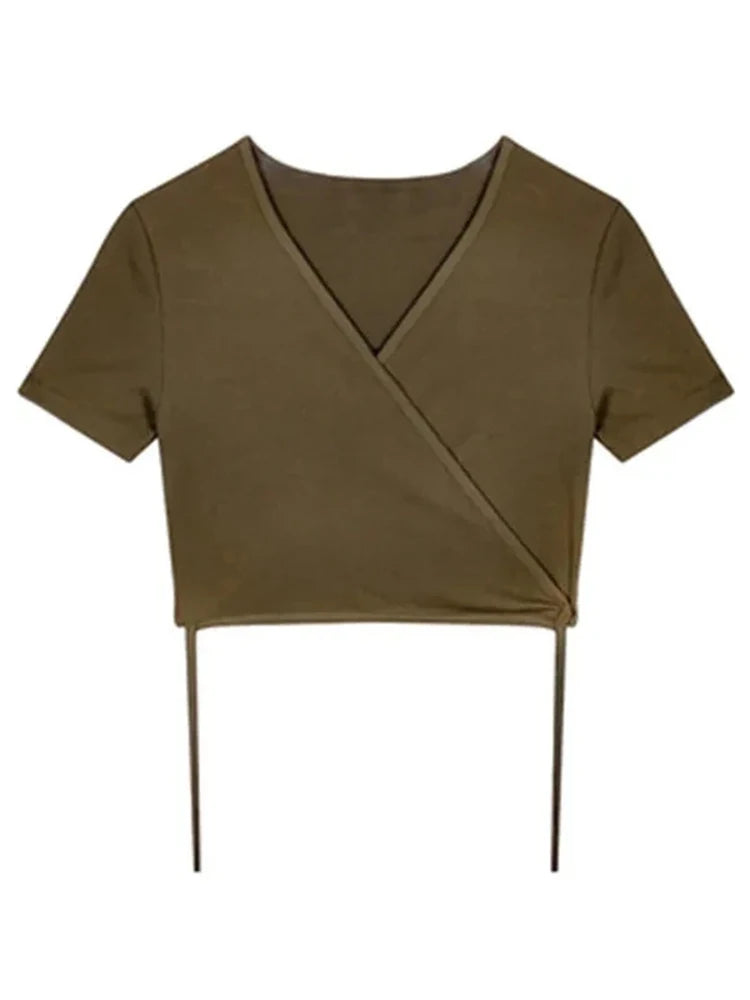 Summer Tee Tops T Shirts V-neck Cropped Cross Tie-up Harajuku Basic Korean Street T-shirts Mujer