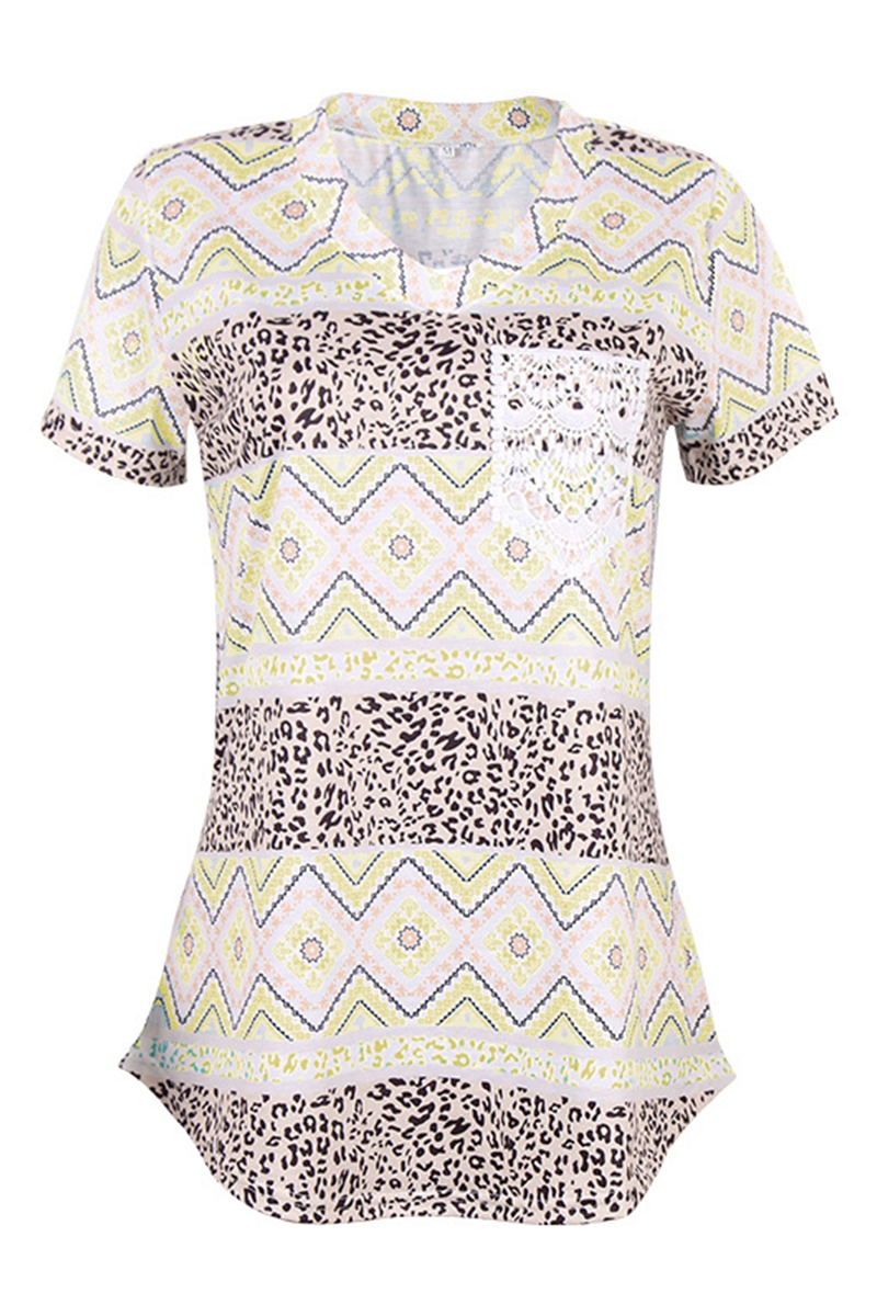 Street Print Leopard Pocket V Neck T-shirts(7 Colors)