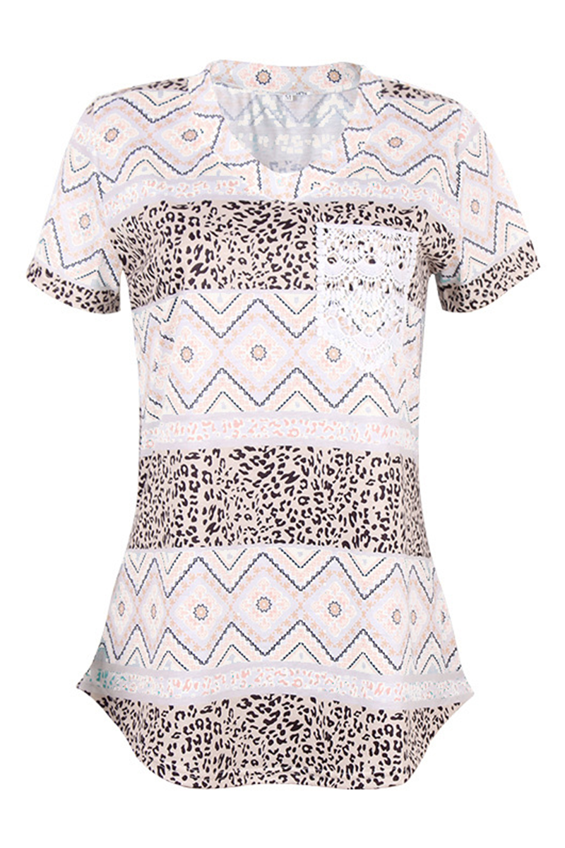 Street Print Leopard Pocket V Neck T-shirts(7 Colors)
