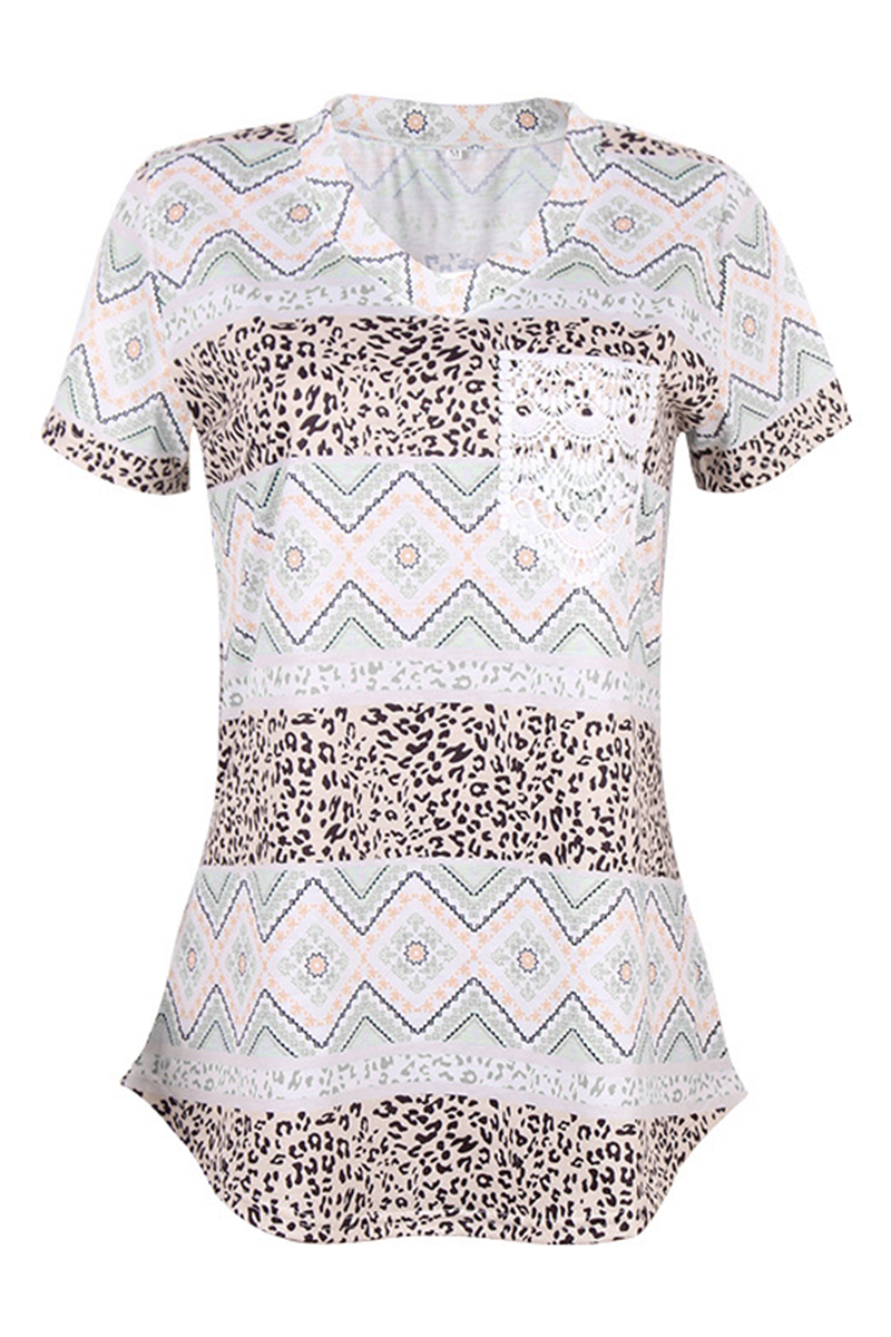 Street Print Leopard Pocket V Neck T-shirts(7 Colors)