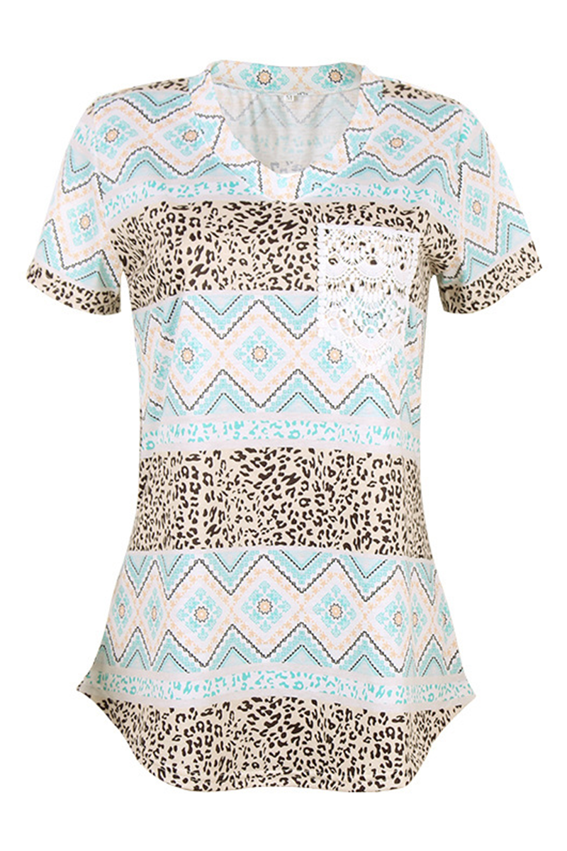 Street Print Leopard Pocket V Neck T-shirts(7 Colors)