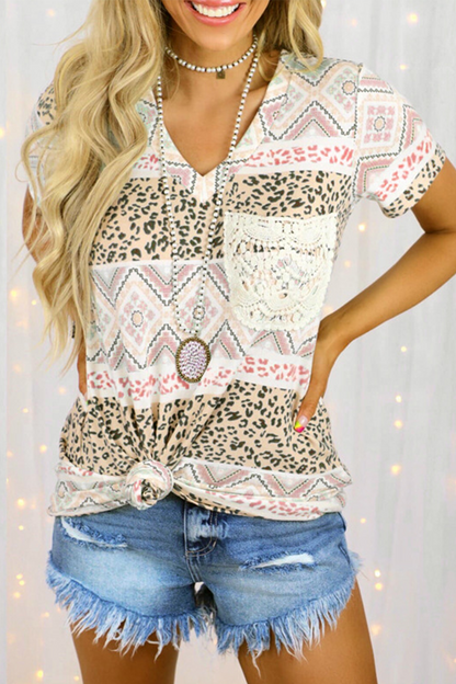 Street Print Leopard Pocket V Neck T-shirts(7 Colors)