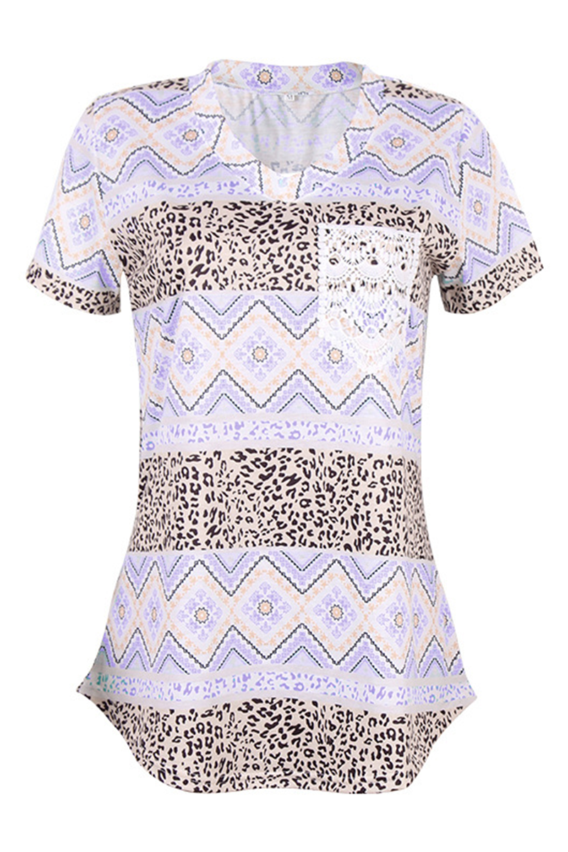 Street Print Leopard Pocket V Neck T-shirts(7 Colors)