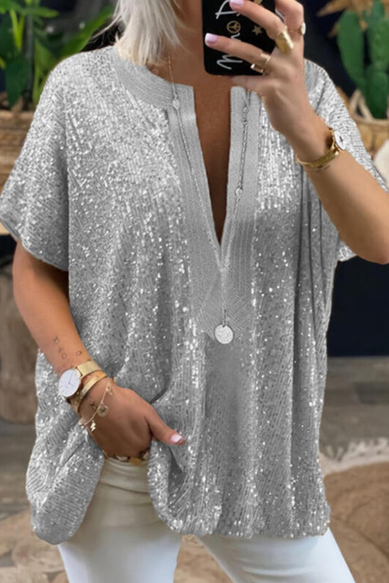 Patchwork Sequins V Neck Blouses
