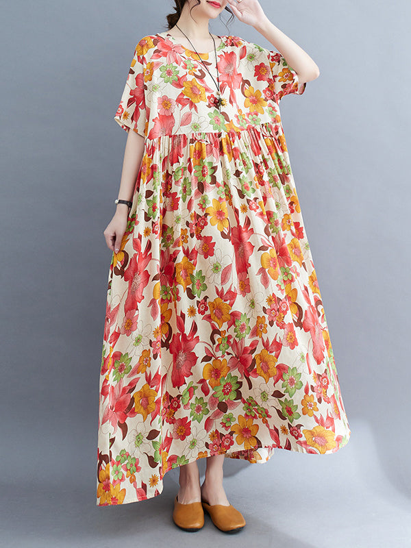 Loose Short Sleeves Pleated Printed Split-joint Round-neck Midi Dresses