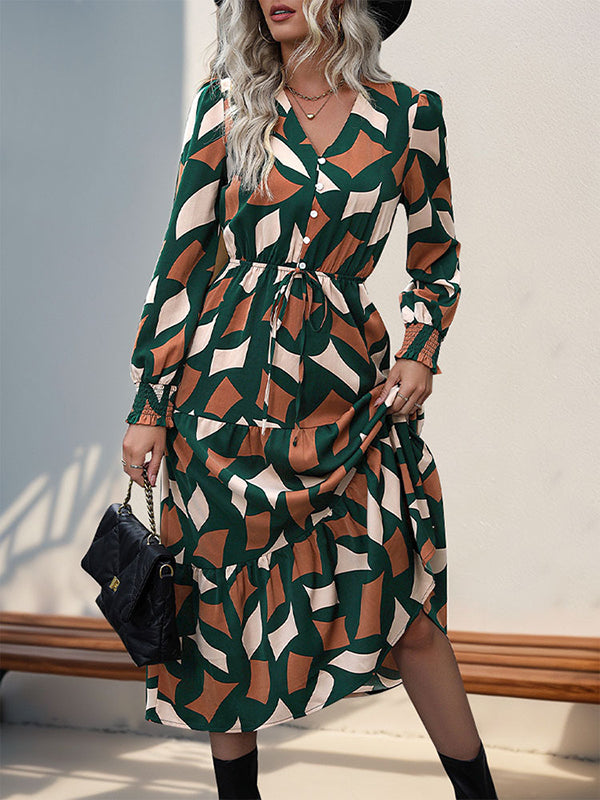 A-line Long Sleeves Buttoned Elasticity Pleated Printed Split-joint Tied Waist V-neck Midi Dresses