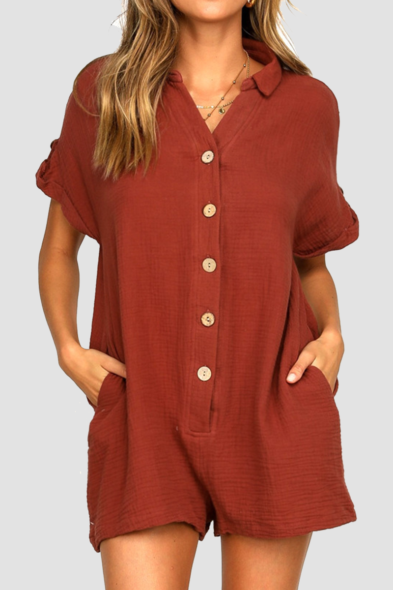 Buckle Turndown Collar Straight Jumpsuits(5 Colors)