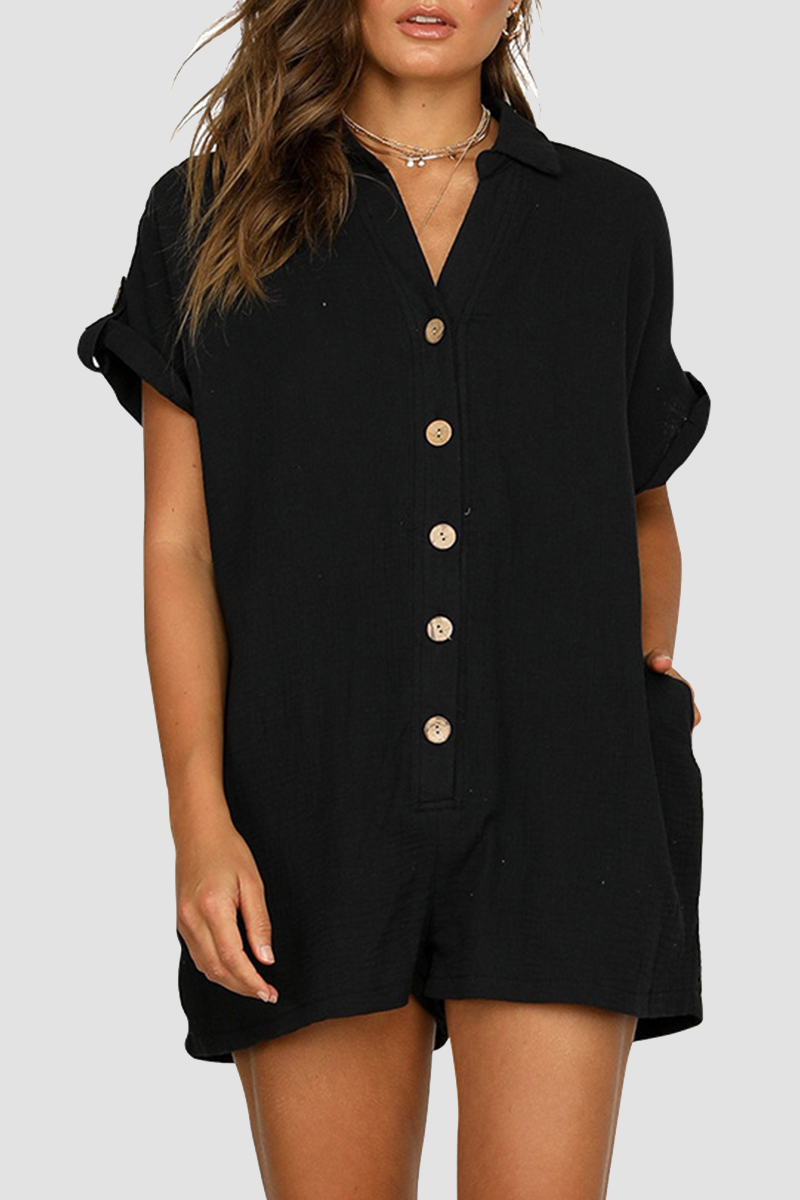 Buckle Turndown Collar Straight Jumpsuits(5 Colors)