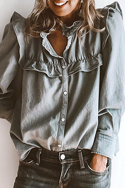 Buckle Flounce Mandarin Collar Blouses