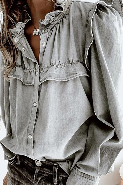 Buckle Flounce Mandarin Collar Blouses