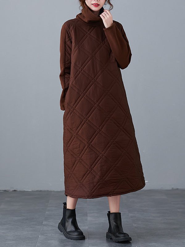 A-line Long Sleeves Color High-neck Midi Dresses