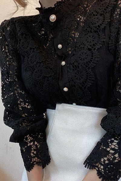 Patchwork Lace Hollowed Out Buckle Mandarin Collar Blouses(3 Colors)