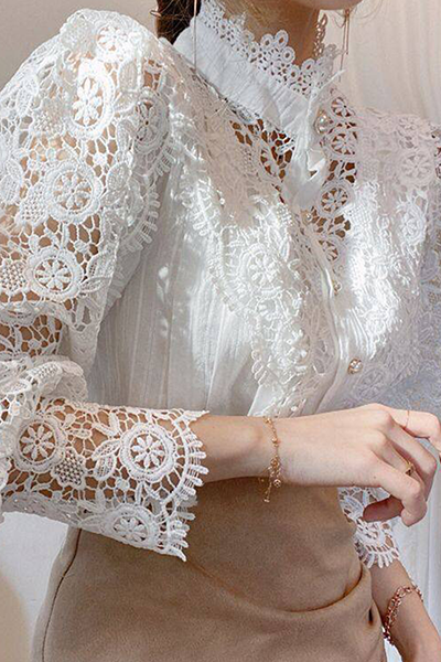 Patchwork Lace Hollowed Out Buckle Mandarin Collar Blouses(3 Colors)