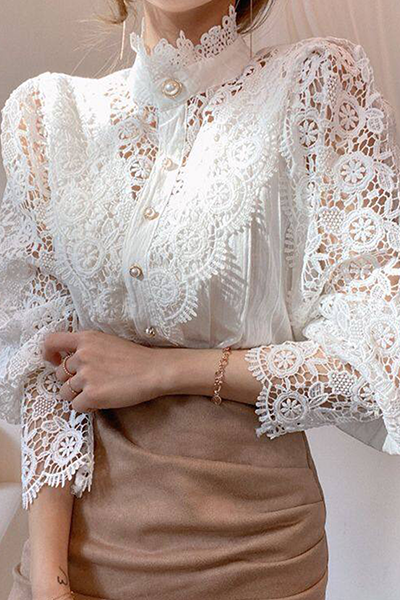 Patchwork Lace Hollowed Out Buckle Mandarin Collar Blouses(3 Colors)