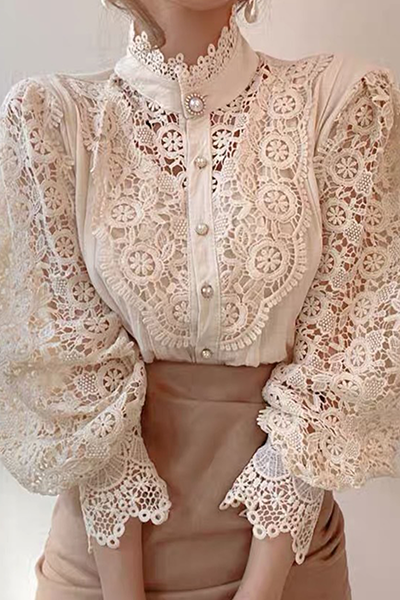 Patchwork Lace Hollowed Out Buckle Mandarin Collar Blouses(3 Colors)