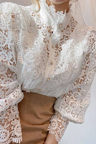Patchwork Lace Hollowed Out Buckle Mandarin Collar Blouses(3 Colors)
