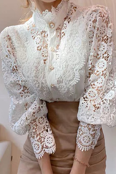 Patchwork Lace Hollowed Out Buckle Mandarin Collar Blouses(3 Colors)