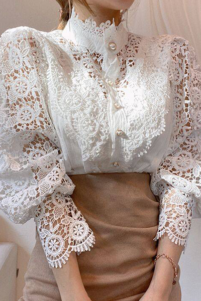 Patchwork Lace Hollowed Out Buckle Mandarin Collar Blouses(3 Colors)