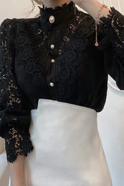 Patchwork Lace Hollowed Out Buckle Mandarin Collar Blouses(3 Colors)