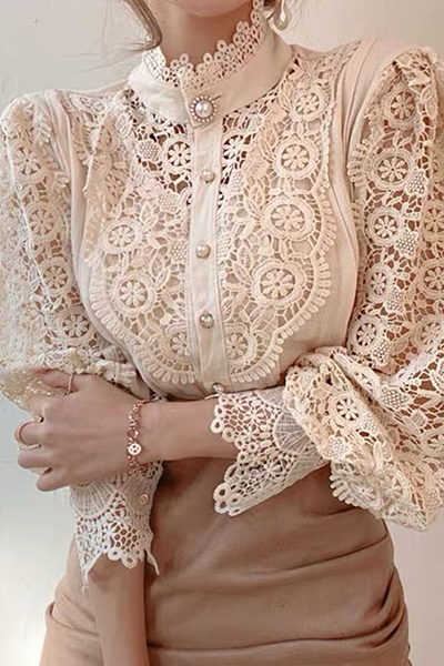 Patchwork Lace Hollowed Out Buckle Mandarin Collar Blouses(3 Colors)