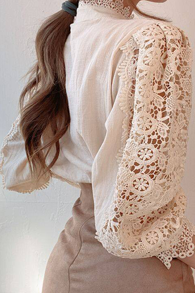 Patchwork Lace Hollowed Out Buckle Mandarin Collar Blouses(3 Colors)