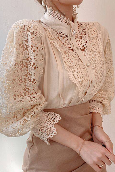 Patchwork Lace Hollowed Out Buckle Mandarin Collar Blouses(3 Colors)